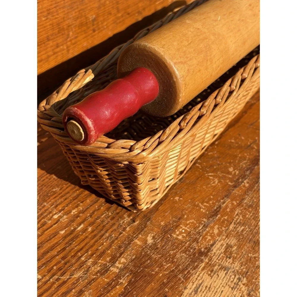 Vintage Wooden Rolling Pin with Red Handles 17